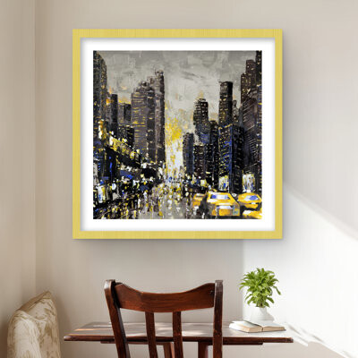 Lark Manor Abstract City with Yellow Taxis - Framed Matted Print Decor