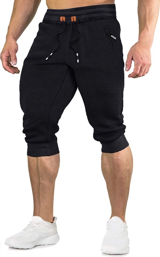 EKLENTSON Mens 3 Quarter Joggers Sweatpants Cotton Gym Training Shorts  Below Knee Slim Fit Zipper Pockets Black - ShopStyle Activewear Trousers