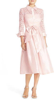 Eliza J Belted Lace & Taffeta Point Collar Midi Dress