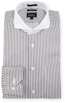 Neiman Marcus Trim-Fit Regular-Finish Stripe-Print Dress Shirt, Gray