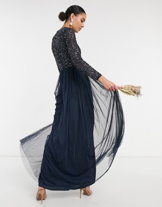 Maya Tall Bridesmaid long sleeve maxi tulle dress with tonal delicate  sequins in navy - ShopStyle