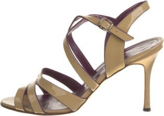 Manolo Blahnik Patent Leather Slingback Sandals Neutrals Crossover Straps & Buckle Closure at Ankles Includes Dust Bag