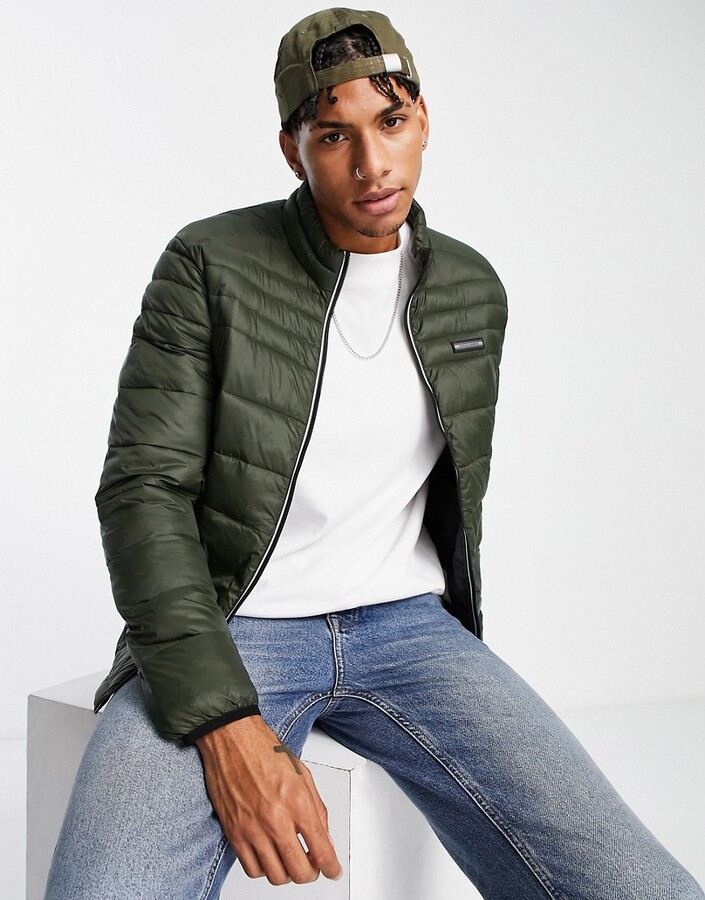 Jack and Jones Essentials padded jacket with stand collar in khaki -  ShopStyle