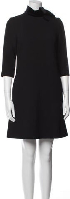Goat Wool Shift Dress Blue Three-Quarter Sleeve with Turtleneck