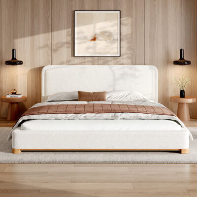 George Oliver Bed Frame With Boucle Upholstered Curved Headboard, Solid Wood Base And Legs