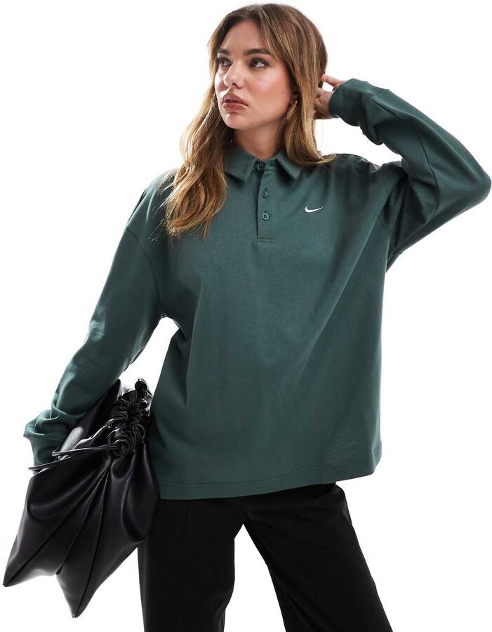Nike Essential oversized long sleeve polo in dark green