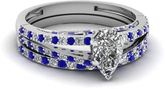 Silvergemking 14K Gold Pl 1 CTW Pear CZ & Blue Sapphire Diamond Split Bridal Wedding Ring Set