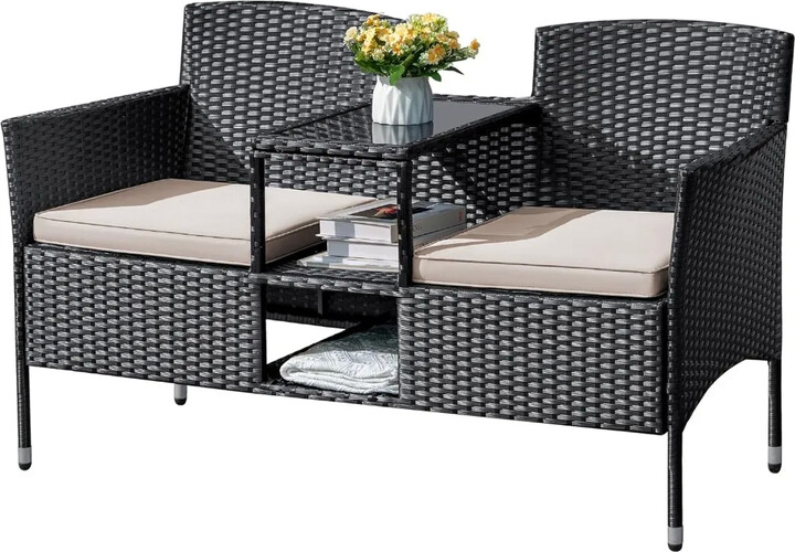 ANGDUO Outdoor Furniture Patio Loveseat Wicker Seat with Built-in Table and Cushions Rattan Porch Chairs Bench for Balcony, Lawn