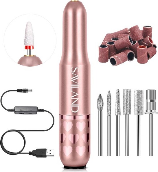 Saviland Exclusive Heart-Shaped Efile - Portable Professional Nail Drill Kit with 30 Bits for Manicure/Pedicure.(Rose Gold, 5-30K RPM)