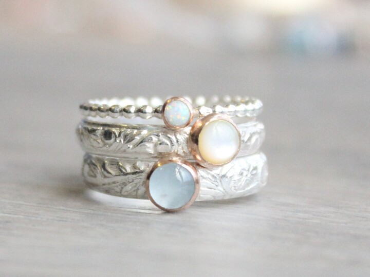 Etsy Gemstone Stacking Ring Set Sterling Silver Opal Aquamarine Mother Of Pearl