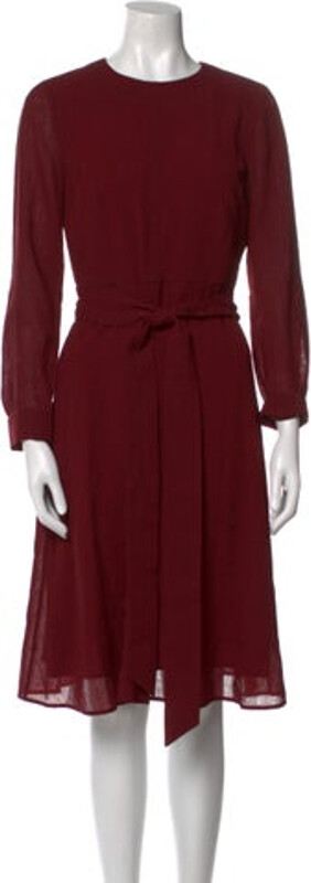 Cefinn A-Line Dress Red Pleated Accents Long Sleeve with Crew Neck Concealed Zip Closure at Back