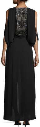 BCBGMAXAZRIA 3/4-Sleeve Faux-Wrap Dress with Sequined Back