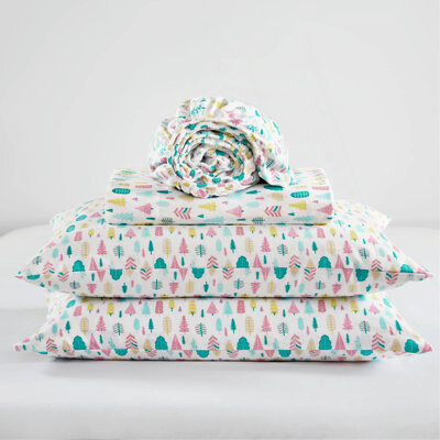 SHENZHENHAIYUE 4 PCS Cotton Flannel Printed Sheet Set White Holiday Trees