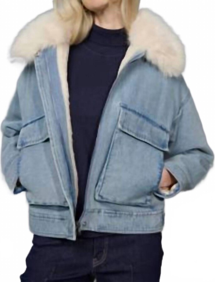 PICADILLY Faux-Fur Trim Zip-Front Jacket In Denim Blue/white