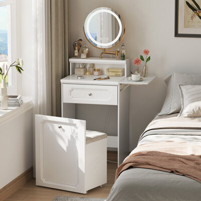 Makeup Vanity Desk With Round Mirror And Lights, 2 In 1 Nightstand, Dressing Table With A Chair