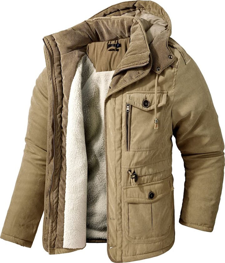 Mr.Stream Men's Winter Thicken Berber Lined Jacket Military Sherpa Hooded  Coat Windproof Warm Parka L Khaki - ShopStyle