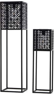 Glitzhome Black Metal Cutout Pattern Solar Powered Outdoor Floor Lanterns Set