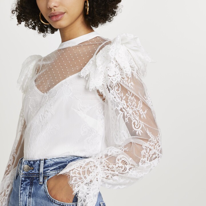 River Island Womens White lace sheer frill blouse top - ShopStyle