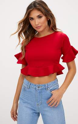 PrettyLittleThing Red Frill Shortsleeve Crop Top