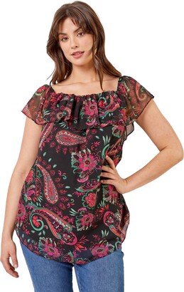Roman Originals Women Curve Floral Frill Bardot Top - Ladies Spring  Everyday Summer Holiday Comfy Sleeveless Soft Shirt Relaxed All-Over Blouses  - Blue Multi - Size 14 - ShopStyle