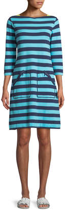 Joan Vass 3/4-Sleeve Striped Cotton Shift Dress, Petite