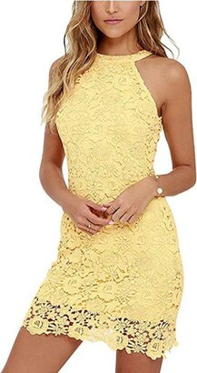 Taigood Womens Halter Lace Sleeveless Mini Dress High Round Neck Backless  Cocktail Party Bodycon Lace Mini Dress Yellow L - ShopStyle