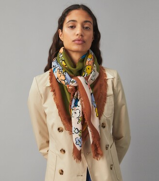 Tory Burch Color-Block Painted Floral Oversized Square Scarf