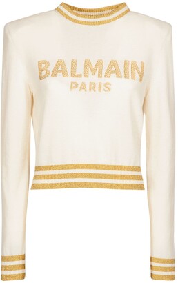 Balmain Logo Wool Blend Knit Cropped Sweater