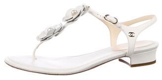 Chanel Camellia Accent Leather T-Strap Sandals White
