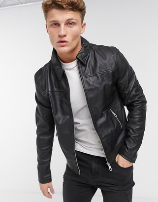 ASOS DESIGN leather harrington jacket in black - ShopStyle