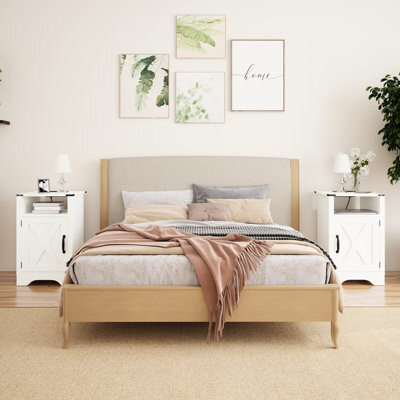 Side Table With Electrical Charging. Outlets. Rustic Wooden End Storage. Metal Hinges & Magnetic Latch. Engineered Wood. Easy Assembly. Of 2 Nightstan