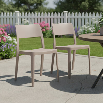 HomeRoots Set of Two Taupe Heavy Duty Plastic Outdoor Stacking Accent Chairs