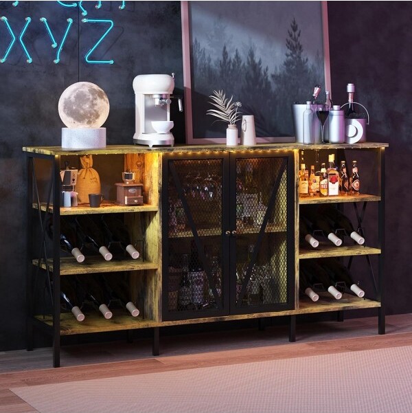 GAOMONFarmhouseWineBarCabinetwithWineRackandGlassHolder,RusticCoffeeBarwithLedLight,Brown