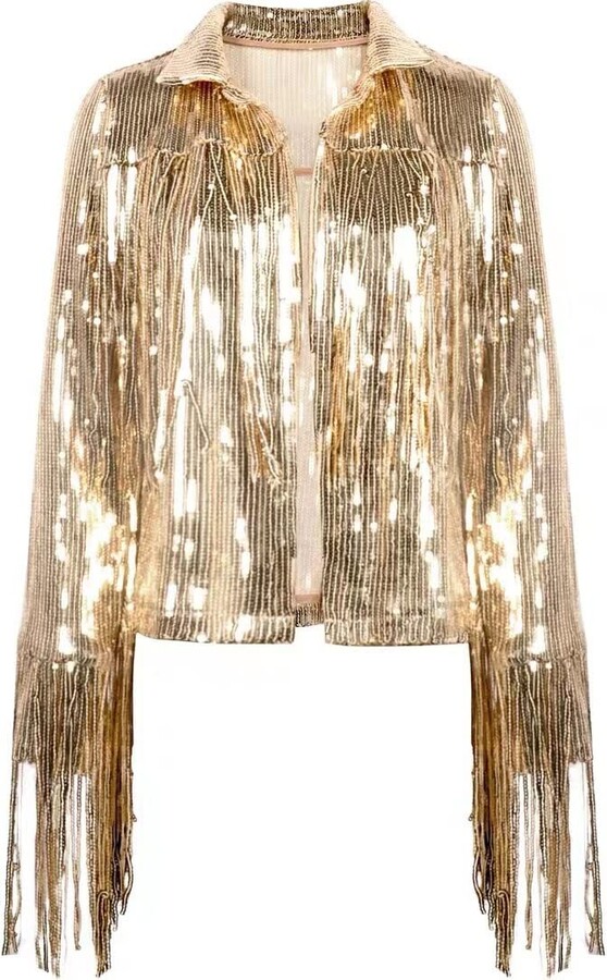 RTGSE Women Sparkly Sequin Jacket Shiny Glitter Tassel Fringe Hem Disco