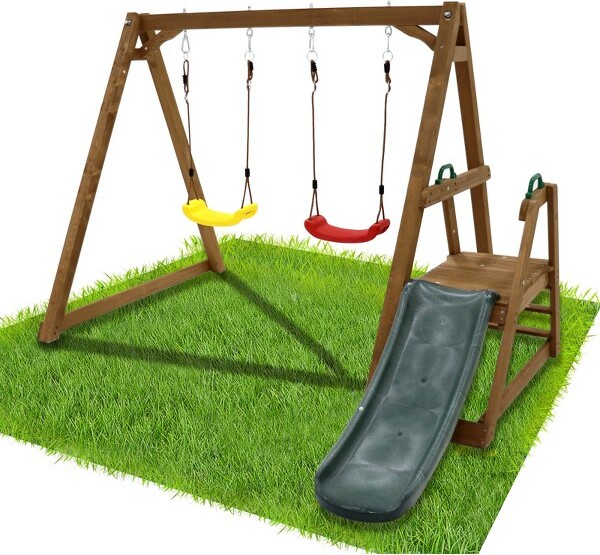 Gulches2-in-1WoodenSwingSetforBackyardKidsPlaysetwithSlide&ClimbingRopeLadder,A-FrameDesign,forAges2-10