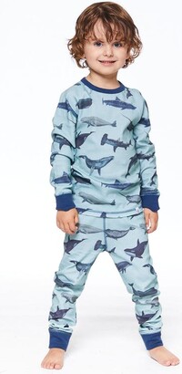 Deux Par Deux Organic Cotton Two Piece Printed Pajama Set Blue Sharks & Whales - Blue