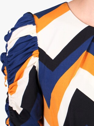 Jolie Moi Geometric Print Ruched Sleeve Maxi Dress, Blue Wave