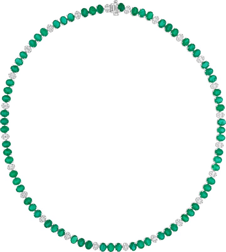 Spectrum Jewels 21.7 Ct Zambian Emerald Tennis Chain Necklace 1.27ct Si/h Diamond 18k White Gold