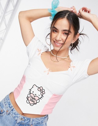 New Girl Order x Hello Kitty square neck corset crop top with cup detail and kitty graphic in white