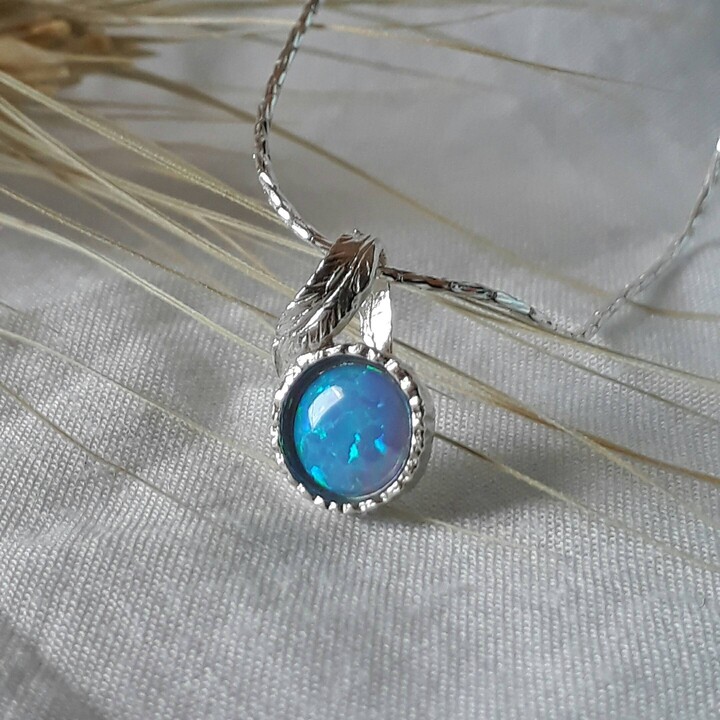 Etsy Blue Opal Silver Necklace Minimalist Gemstone Pendant, Leaf Detail