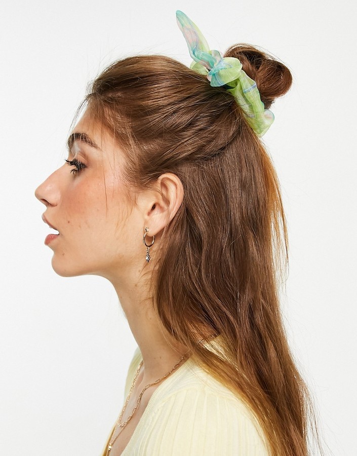 Topshop organza hair scrunchie in green check with tie - ShopStyle