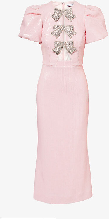 Rebecca Vallance Womens Light Pink Lydia Diamante-Bow Sequin-Embellished Midi Dress 6