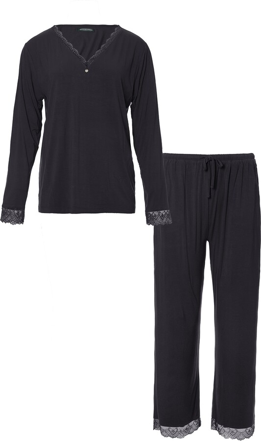 Pretty You Black / Grey Bamboo Lace V-Neck Pyjama Set In Raven