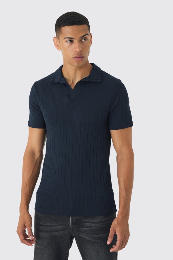 boohoo Mens Navy Chunky Rib Notch Neck Polo ShopStyle