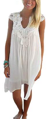 Amstt Women's Sleeveless Casual V neck Loose Solid Sun Beach Chiffon Lace Flared Midi Dress (S, )