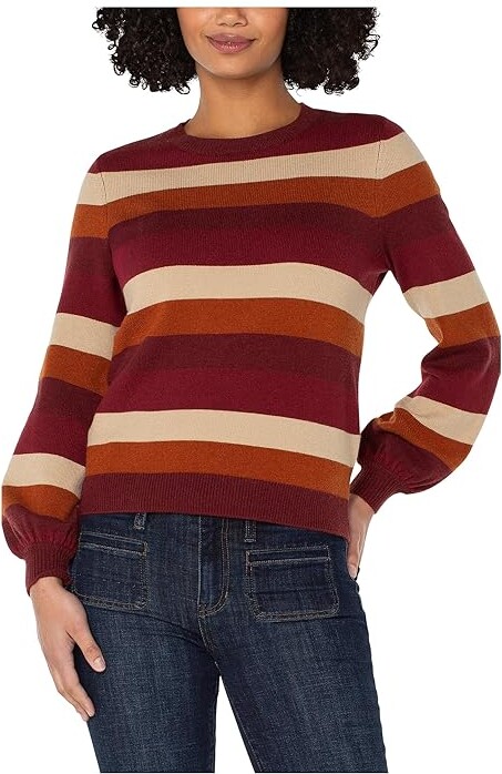 Liverpool Los Angeles Long Sleeve Crew Neck Sweater Women's Sweater Burgundy Stripe : MD, Acrylic
