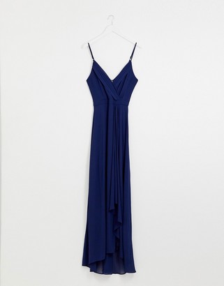 TFNC Petite bridesmaid exclusive cami wrap maxi dress with fishtail in navy