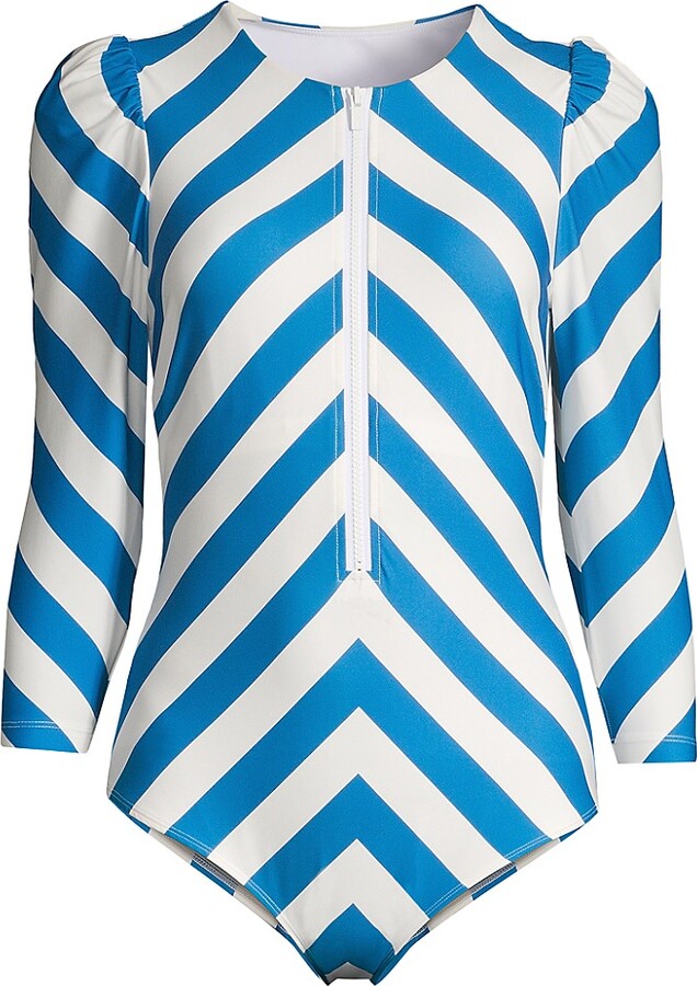 Stylest DreamSculpt Stripe Puff-Sleeve Zip One-Piece Swimsuit - ShopStyle
