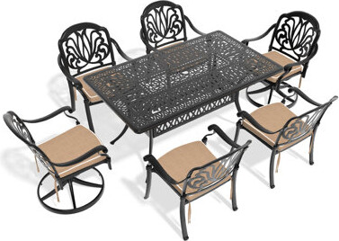 7 Cast Aluminum Garden Dining Aggregation, 2 Swivel Chairs, 4 Rectangular Table, Black, Portability Feature Feature, Seats 6 All-weather Configuration