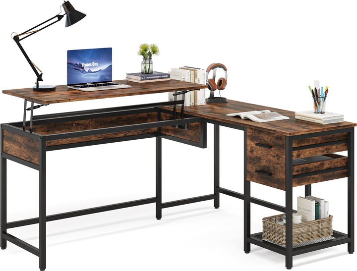 Rose Wood Solid 59’’ L shaped Computer Corner Desk with Lift Top